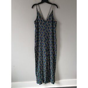 Silk & Salt Women's Medium Jumpsuit Blue Geometric Fan Print Wide Leg Low Back